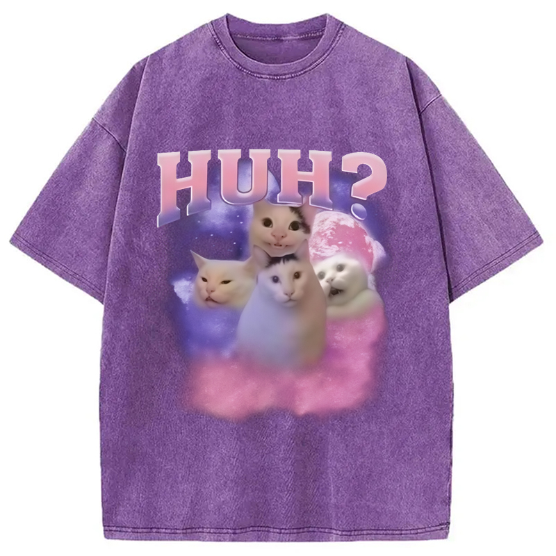 Modecanvas Pink Funny Meme Huh Cat Washed T-Shirt-modecanvas