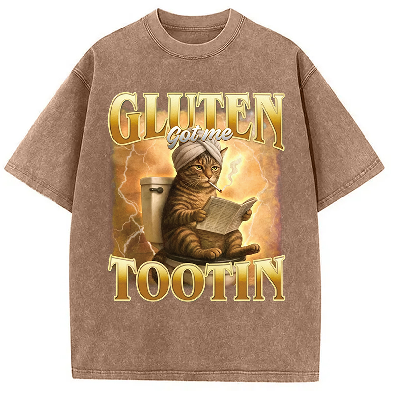Modecanvas Gluten Got Me Tootin Funny Cat Meme DTG Printing Washed T-Shirt