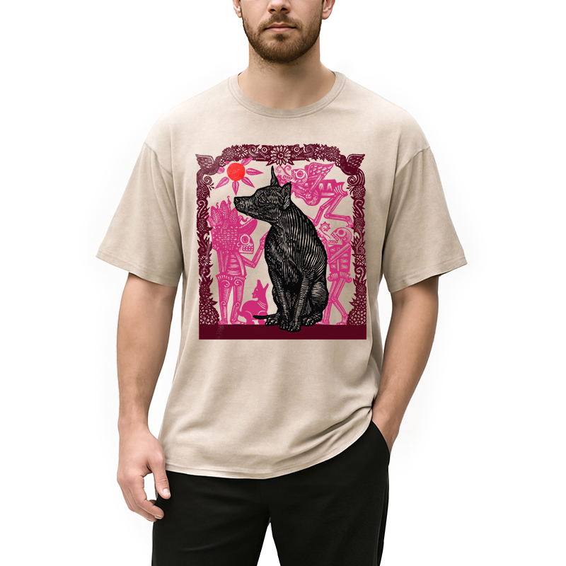 Modecanvas Day Of The Dog Woodcut DTG Printing Washed T-Shirt