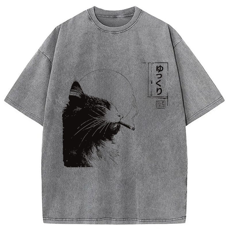Modecanvas Stay Chill Smoking Cat DTG Printing Washed T-Shirt-modecanvas