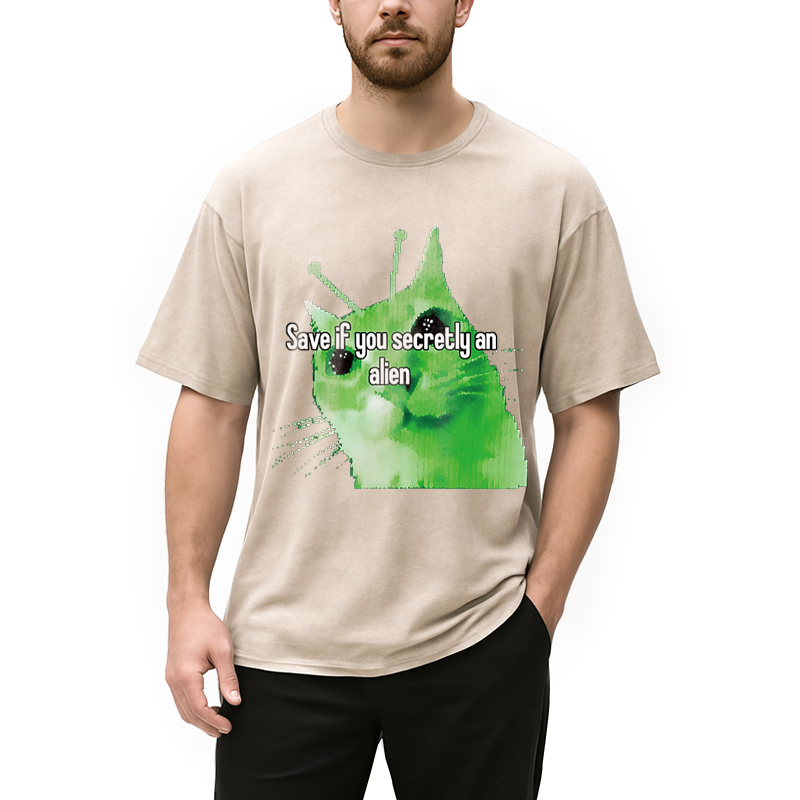 Modecanvas Alien Cat Meme Funny DTG Printing Washed T-Shirt