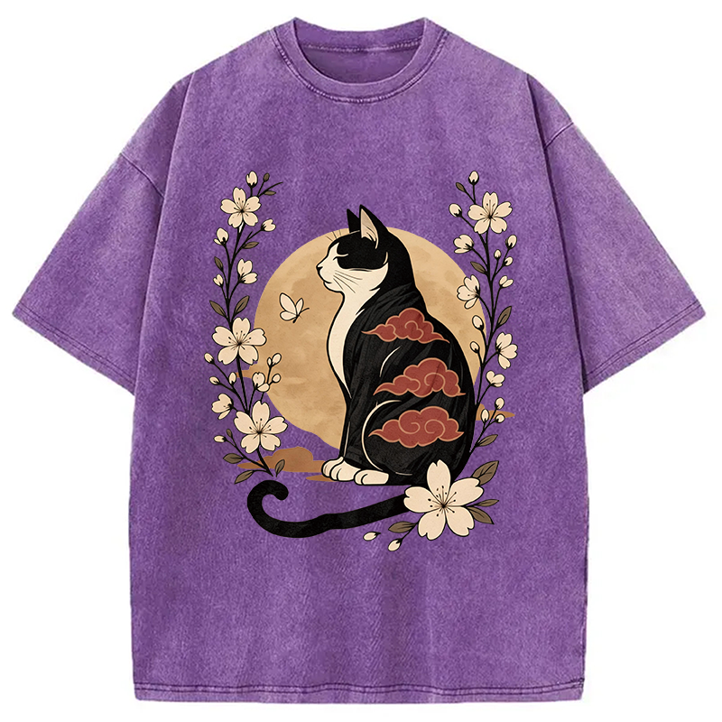 Modecanvas Kawaii Japanese Cat DTG Printing Washed T-Shirt-modecanvas