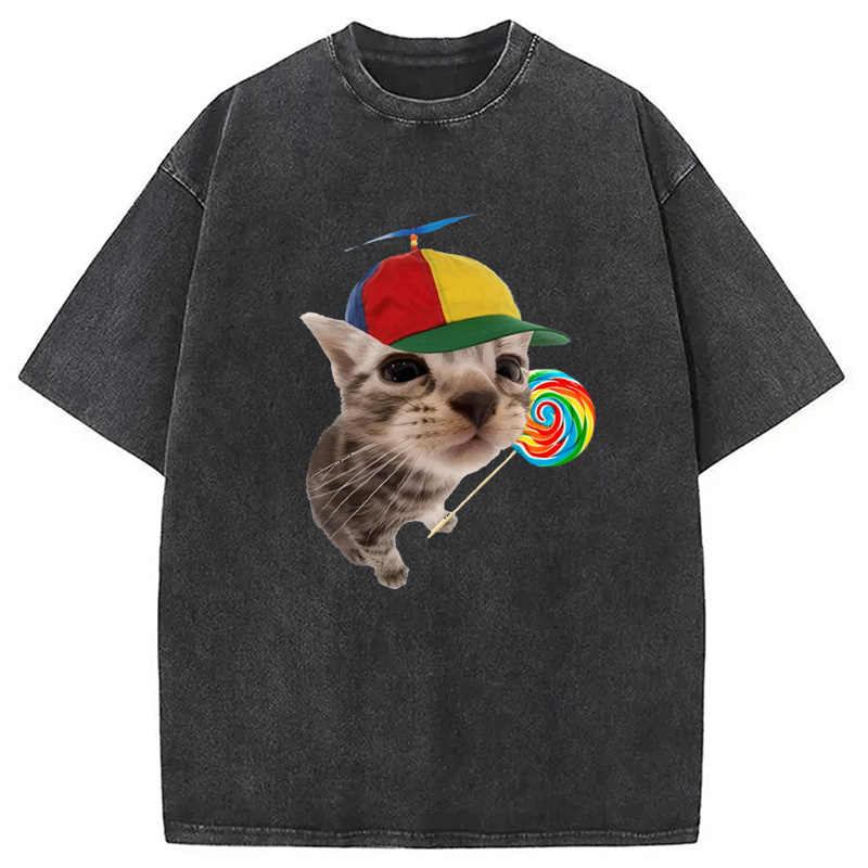 Modecanvas Cat With Lollipop And Hat Washed T-Shirt-modecanvas