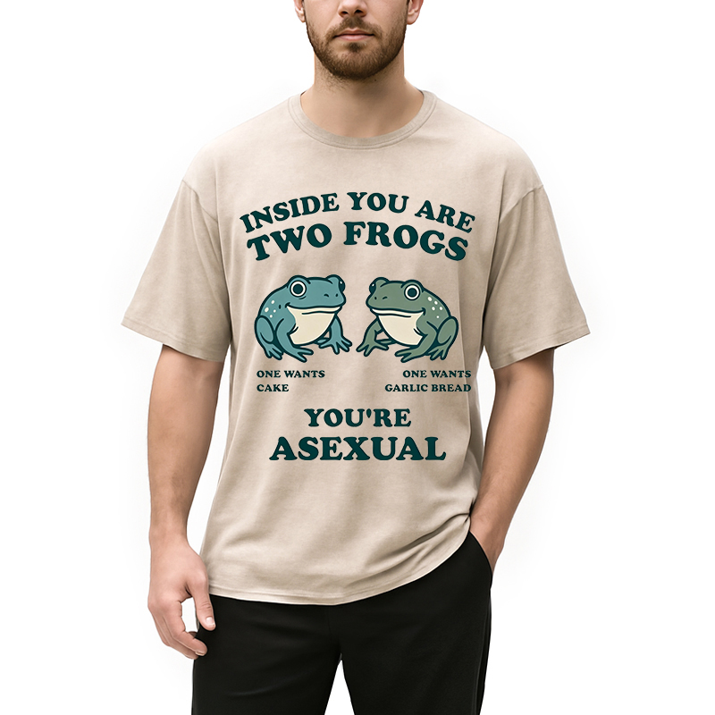 Modecanvas Asexual Garlic Bread and Cake Frog DTG Printing Washed T-Shirt