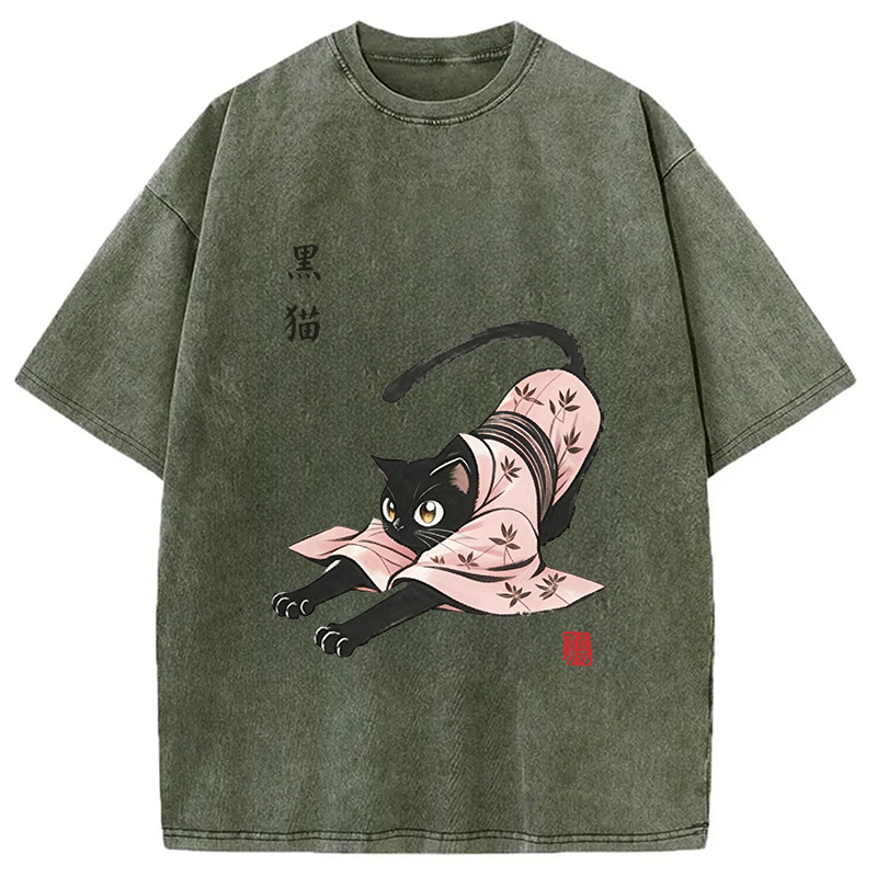 Modecanvas Yoga Black Cat DTG Printing Washed T-Shirt