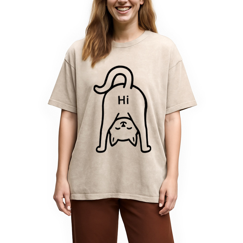 Modecanvas The Cat Says Hi Washed T-Shirt