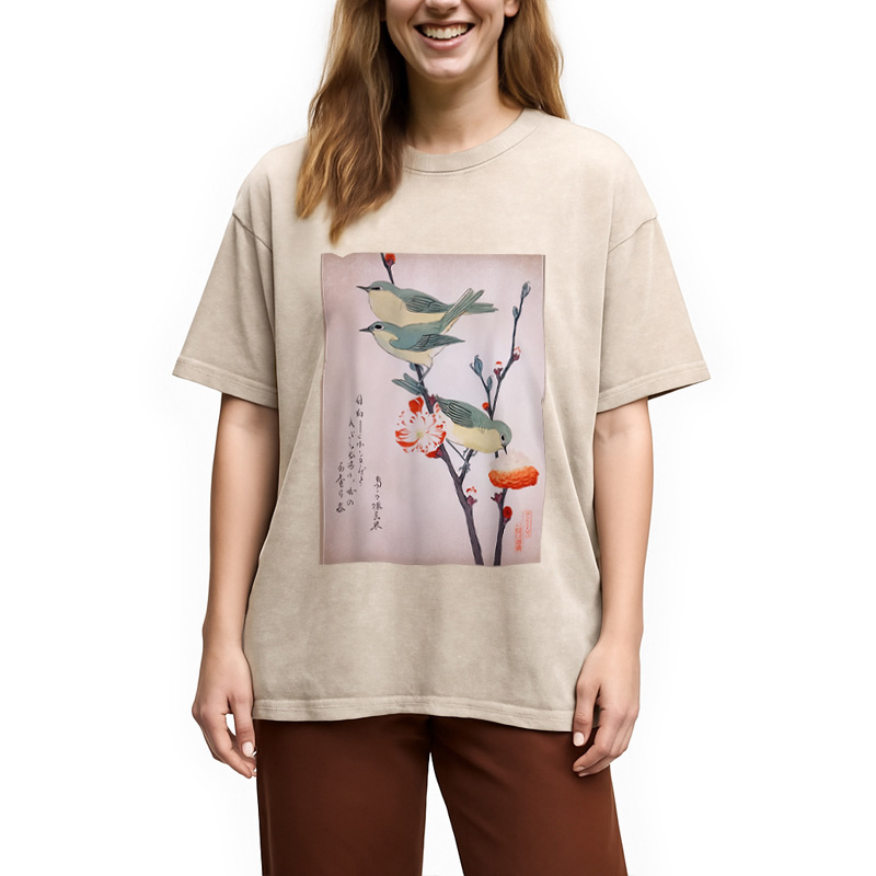 Modecanvas Japanese Art Birds on Cherry Blossom Washed T-Shirt