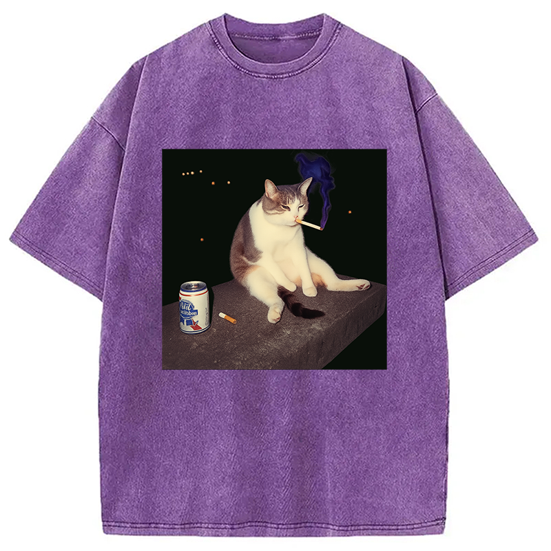 Modecanvas Cigarette Kitten Funny Smoking Cat Meme Washed T-Shirt-modecanvas