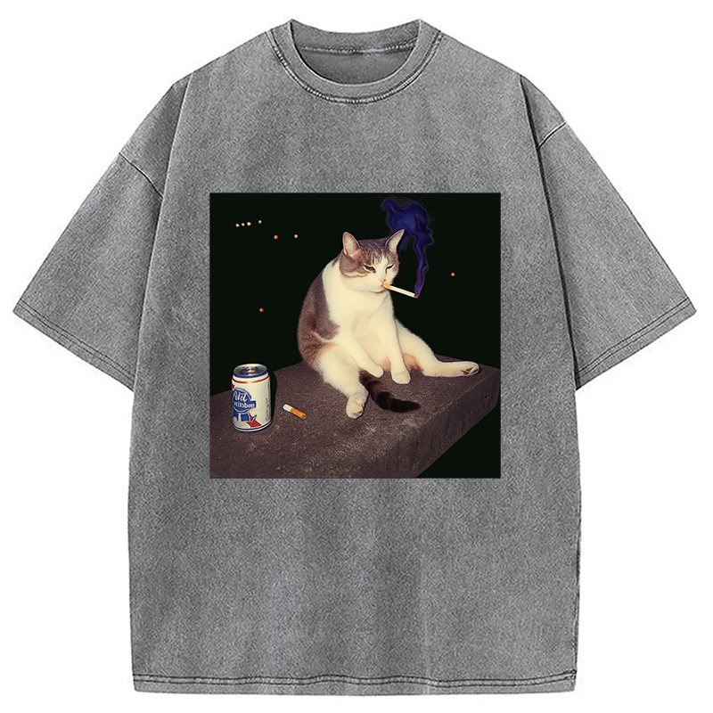 Modecanvas Cigarette Kitten Funny Smoking Cat Meme Washed T-Shirt-modecanvas