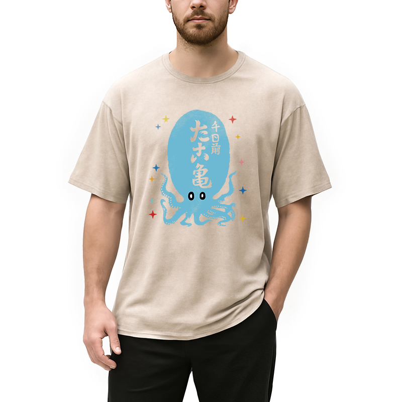 Modecanvas Japanese Retro Octopus DTG Printing Washed T-Shirt