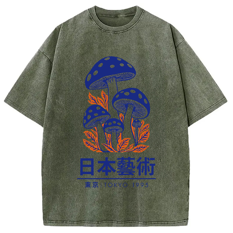 Modecanvas Japanese Art Blue Mushroom Washed T-Shirt