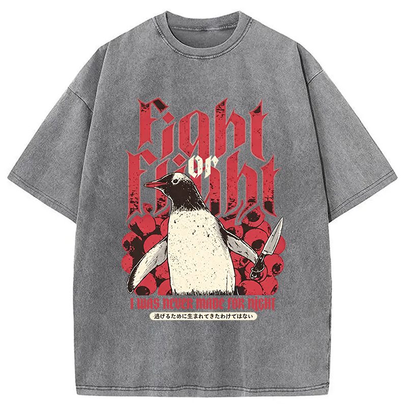 Modecanvas Fight Or Flight Penguin DTG Printing Washed T-Shirt