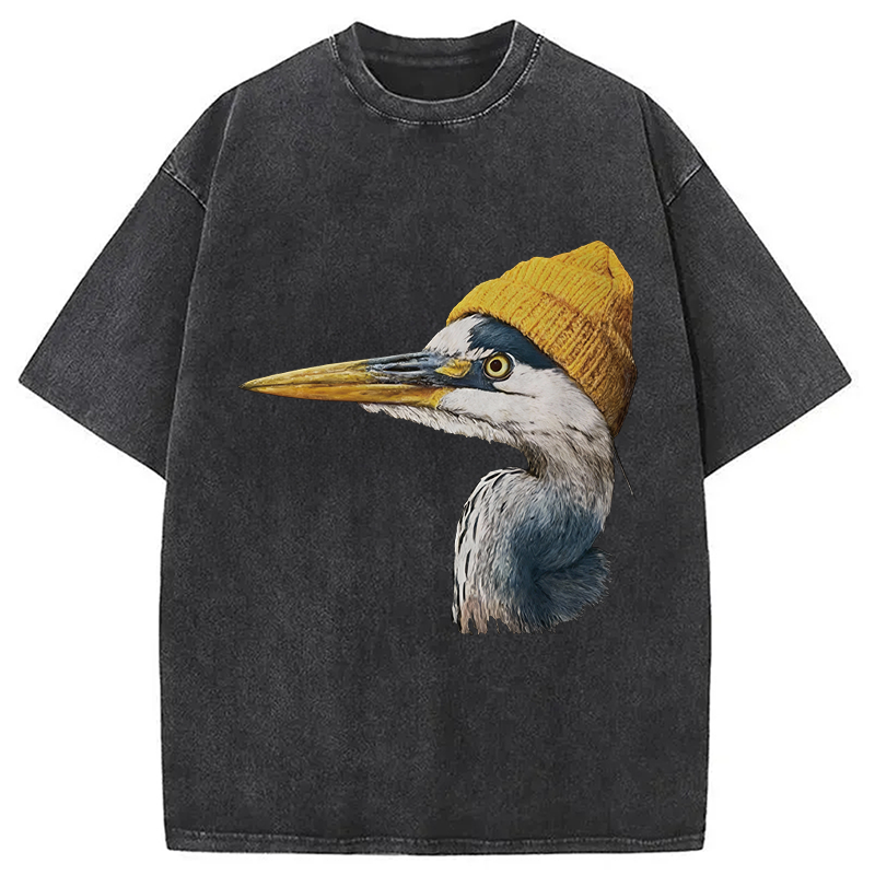 Modecanvas Blue Heron Wearing Beanie DTG Printing Washed T-Shirt