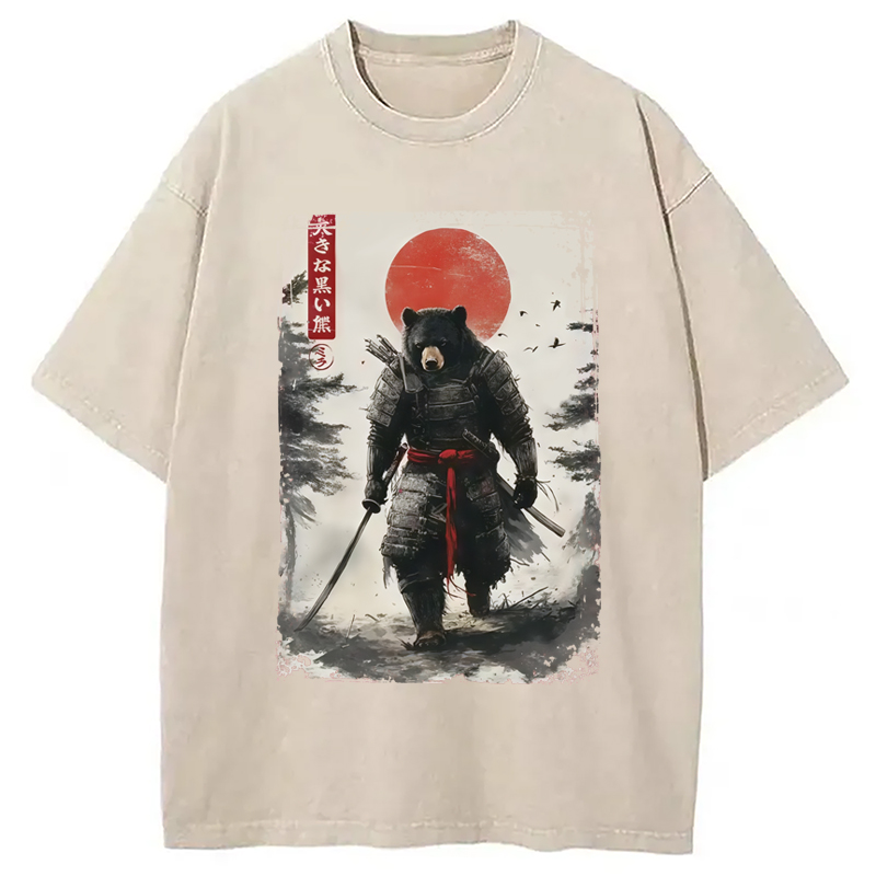 Modecanvas Retro Black Bear Samurai Washed T-Shirt