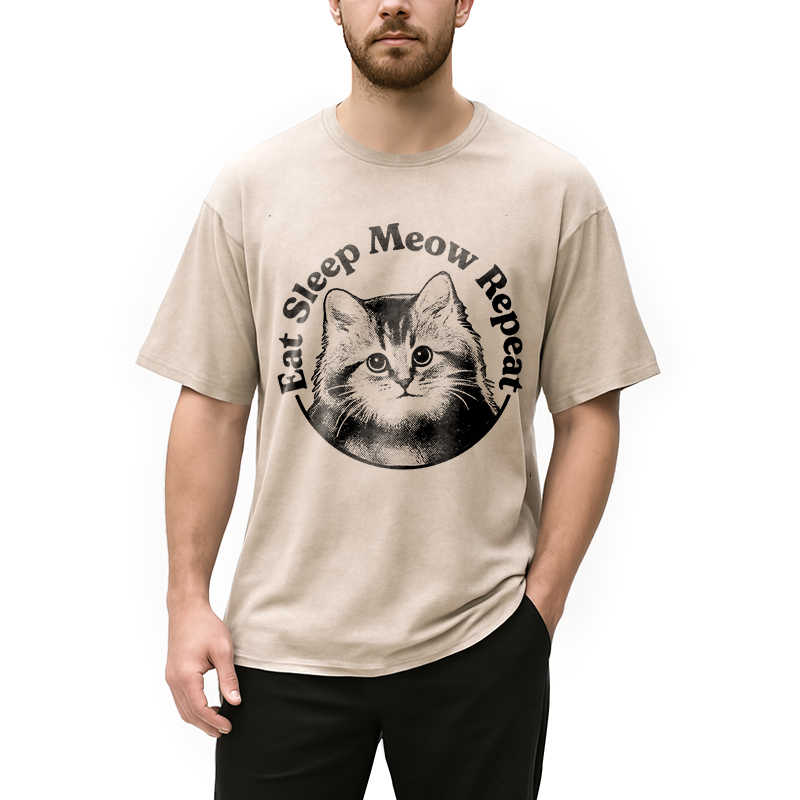 Modecanvas Eat Sleep Meow Repeat DTG Printing Washed T-Shirt
