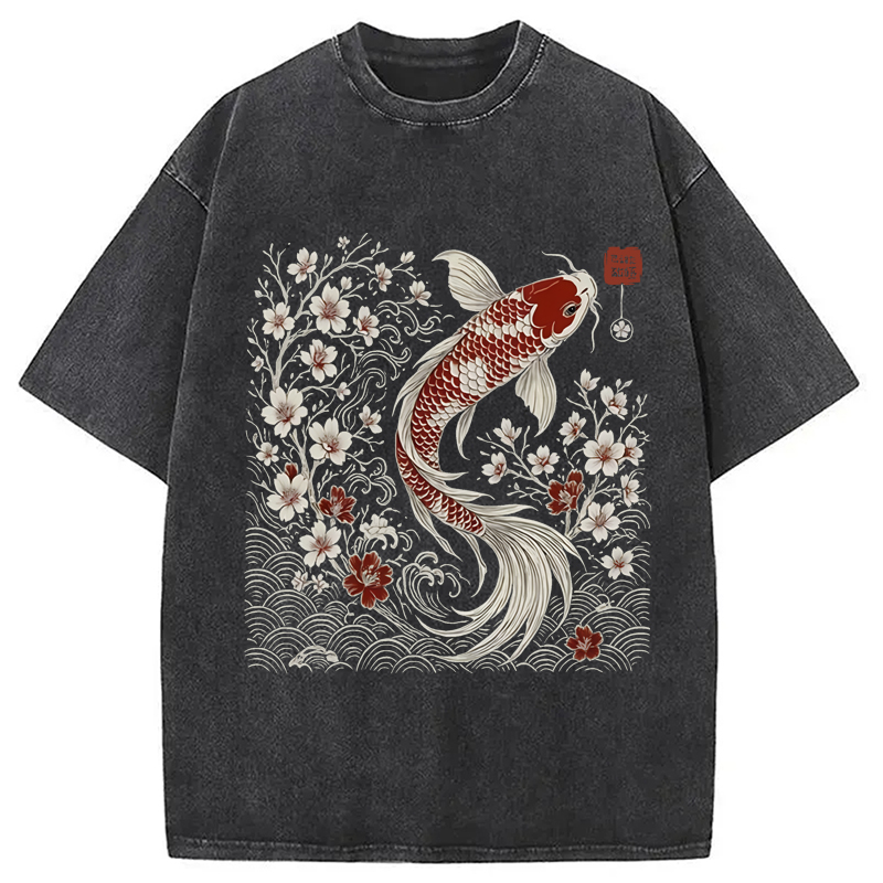 Modecanvas Vintage Sakura And Koi Washed T-Shirt-modecanvas
