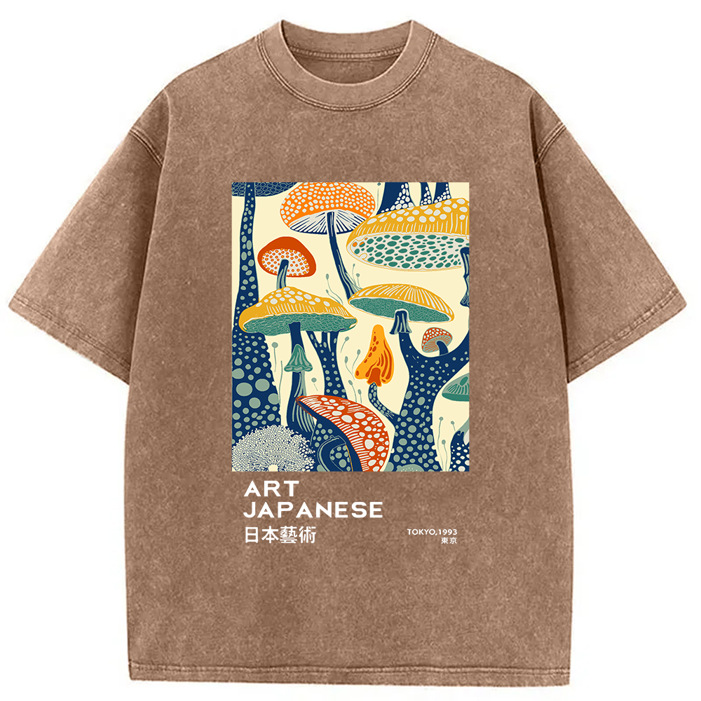 Modecanvas Dancing Mushroom Japanese Art Washed T-Shirt