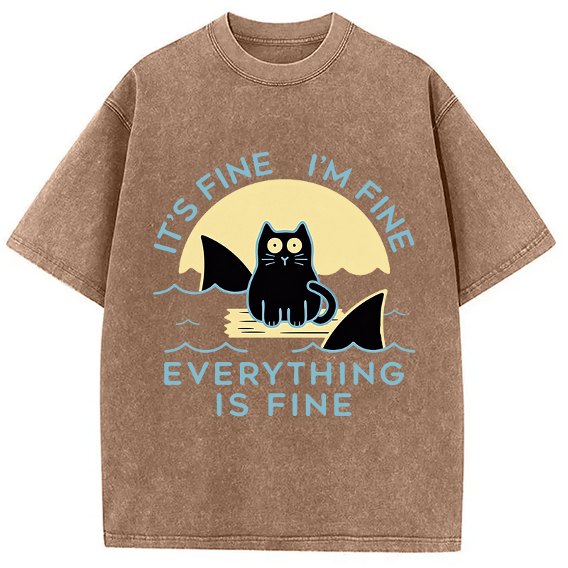 Modecanvas Everything Is Fine Cat Sea DTG Printing Washed T-Shirt