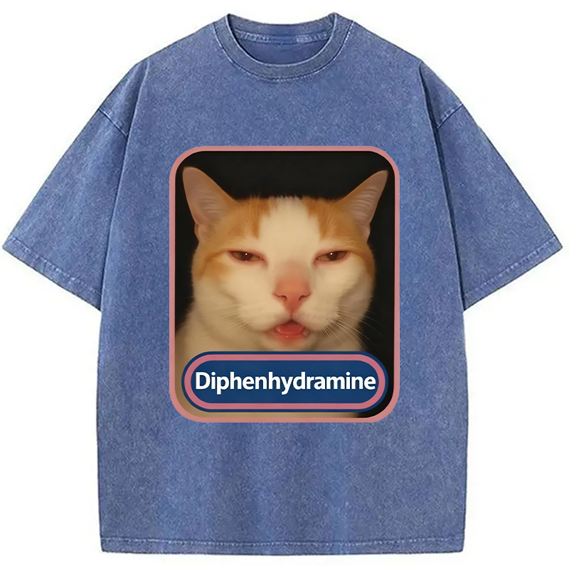 Modecanvas Pink Diphenhydramine Meme Cat Washed T-Shirt-modecanvas