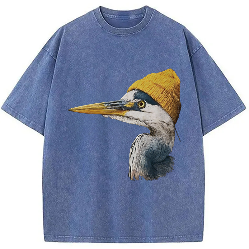 Modecanvas Blue Heron Wearing Beanie DTG Printing Washed T-Shirt