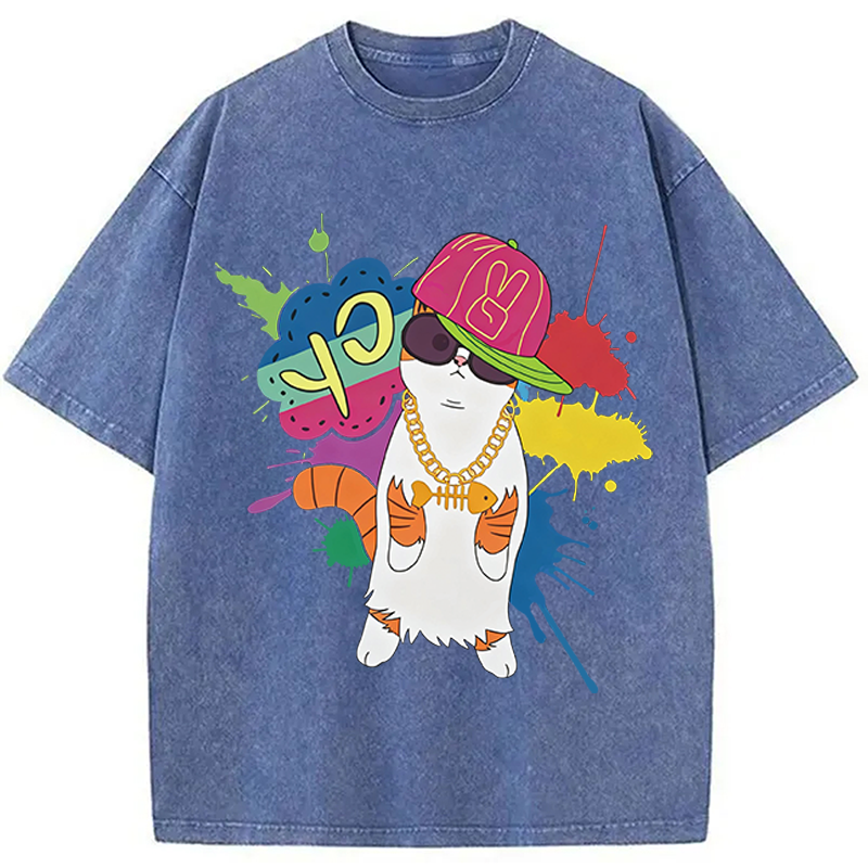 Modecanvas Hip Hop Cat DTG Printing Washed T-Shirt