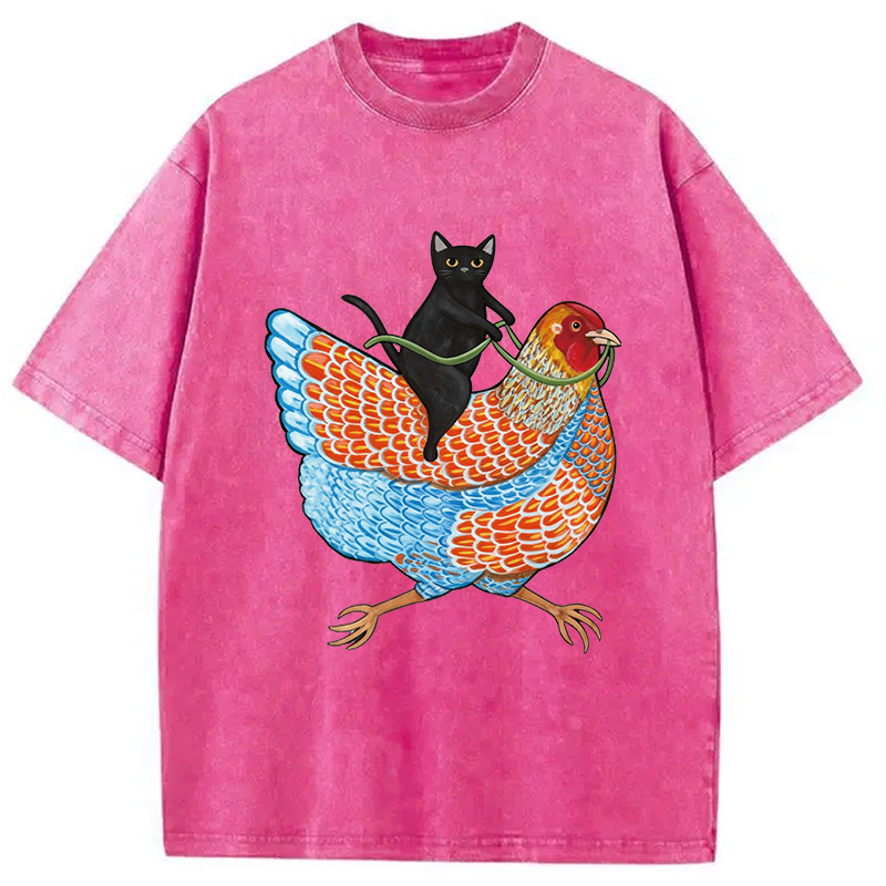 Modecanvas Black Cat On a Wyandotte Chicken Washed T-Shirt-modecanvas