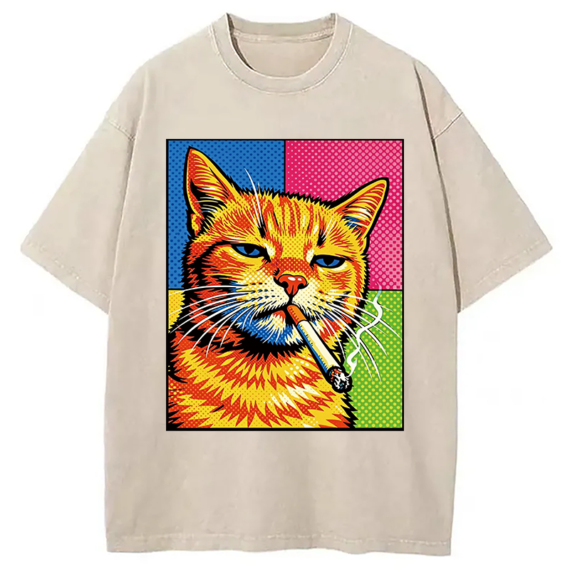 Modecanvas Cat Smoking Cigarette DTG Printing Washed T-Shirt