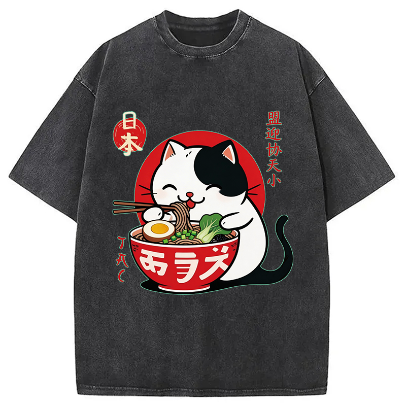 Modecanvas Japanese Ramen Cat DTG Printing Washed T-Shirt