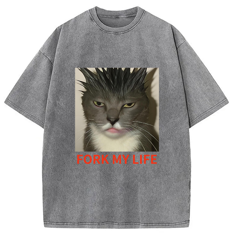 Modecanvas Gray Cat Fork My Life Washed T-Shirt