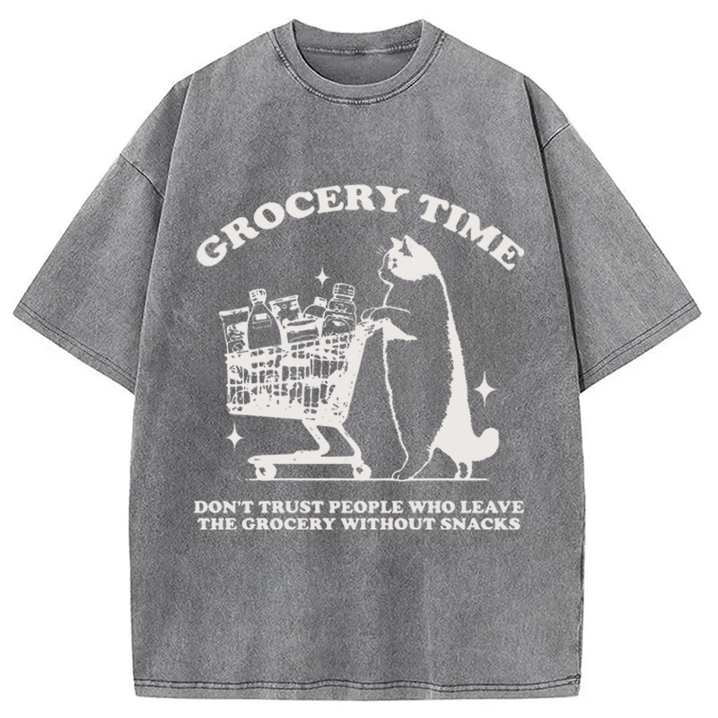 Modecanvas Grocery Time Funny Cat DTG Printing Washed T-Shirt