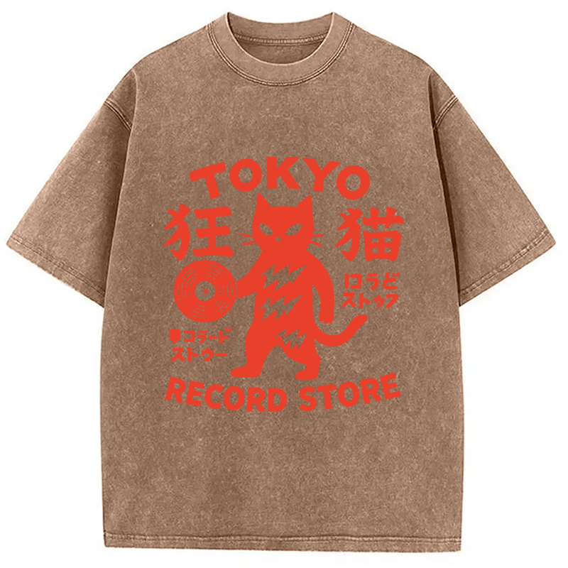 Modecanvas Tokyo Record Store Cat DTG Printing Washed T-Shirt