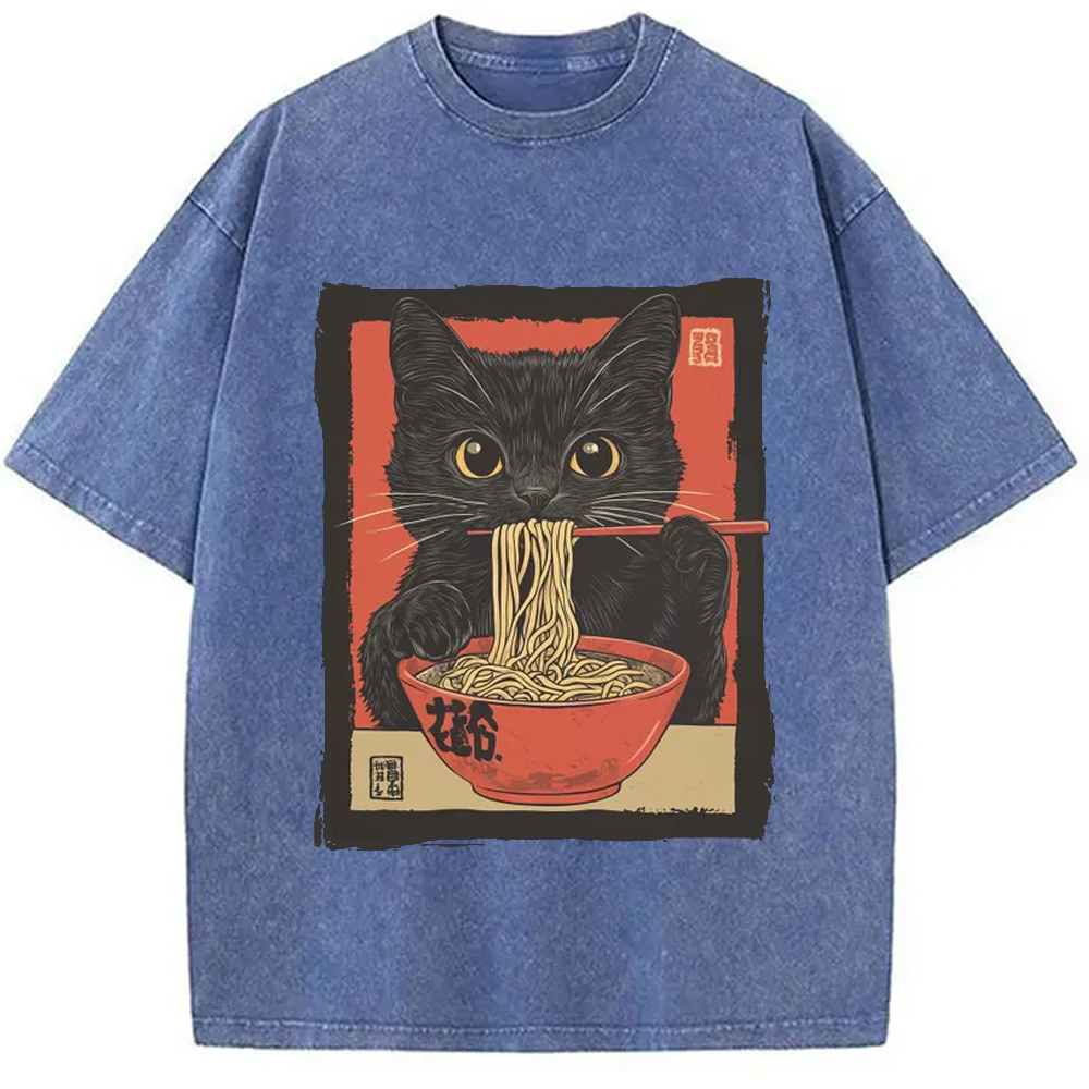 Modecanvas Kawaii Japanese Ramen Cat Vintage Washed T-Shirt