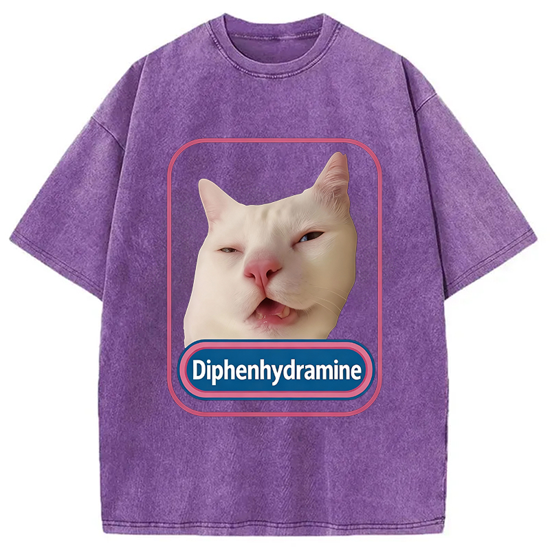 Modecanvas Funny Diphenhydramine Meme Cat Washed T-Shirt-modecanvas