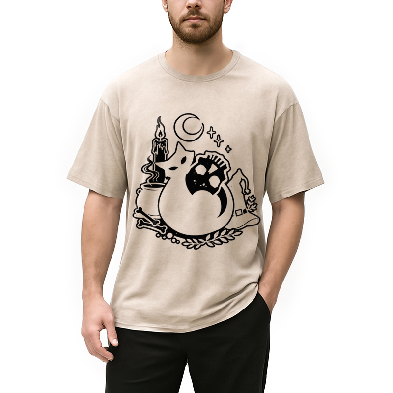 Modecanvas Black Cat Holding Skull DTG Printing Washed T-Shirt