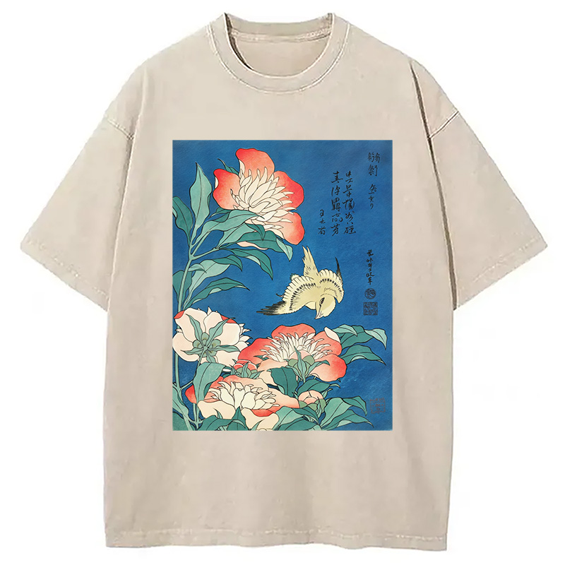 Modecanvas Hokusai Flowers Peonies Bird Washed T-Shirt