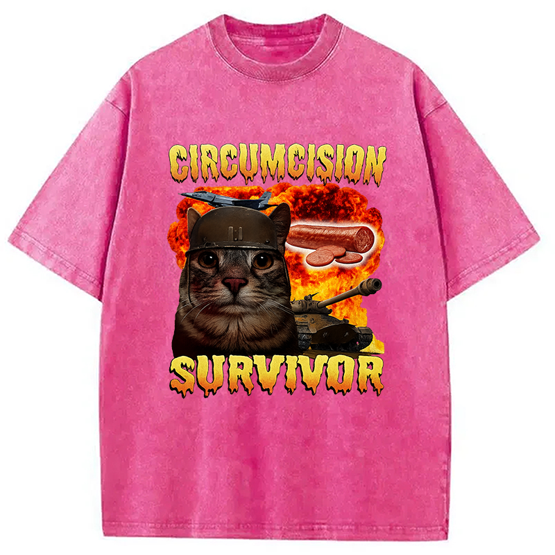 Modecanvas Circumcision Survivor Funny Cat Meme Washed T-Shirt-modecanvas
