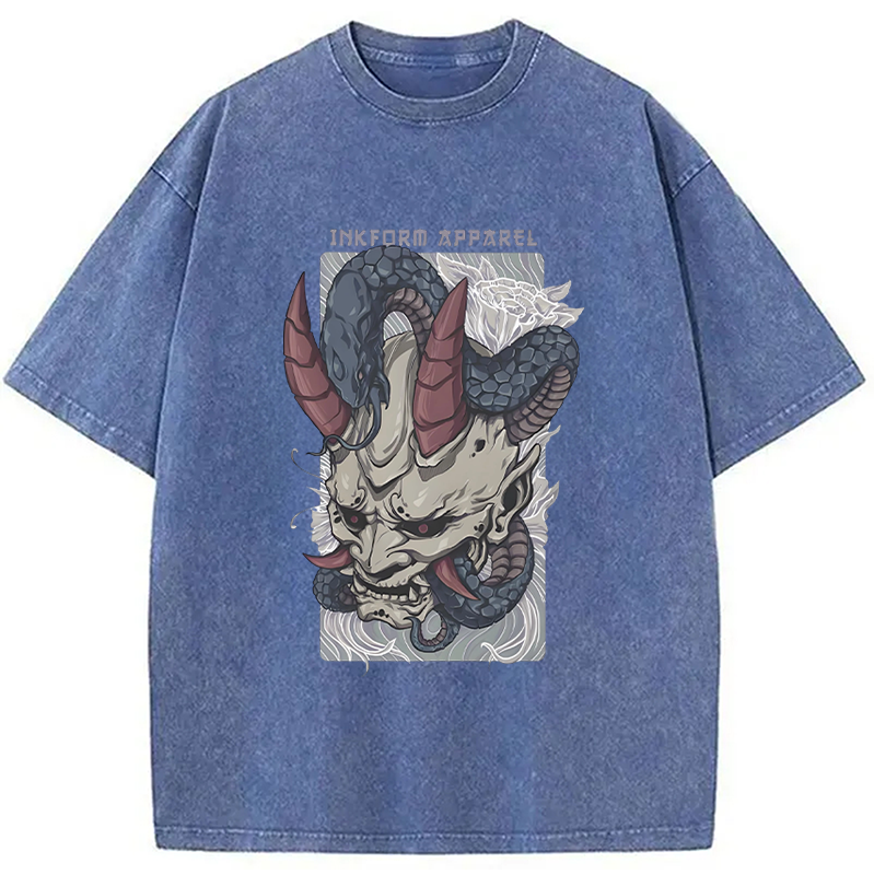 Modecanvas White Oni Mask with Snake Washed T-Shirt