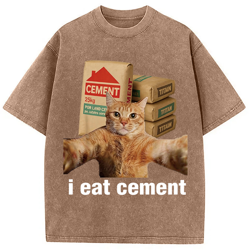 Modecanvas I EAT CEMENT Funny Cat Meme DTG Printing Washed T-Shirt
