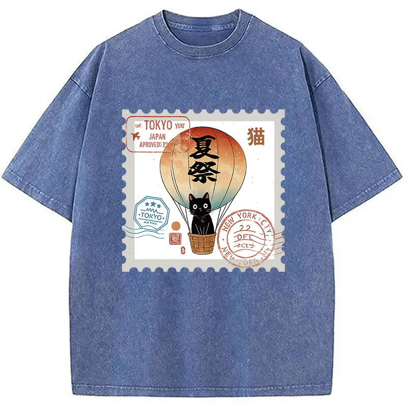 Modecanvas Japanese Cat Stamp Washed T-Shirt