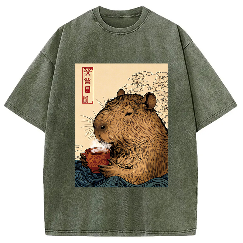 Modecanvas Capybara with Morning Tea DTG Printing Washed T-Shirt