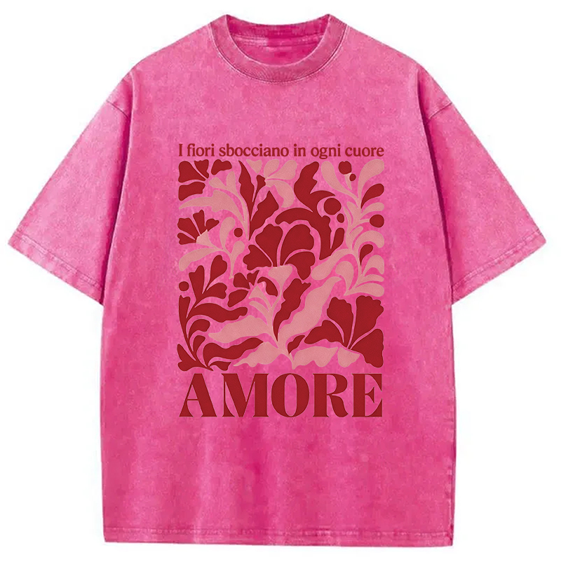 Modecanvas Red Floral Amore DTG Printing Washed T-Shirt-modecanvas