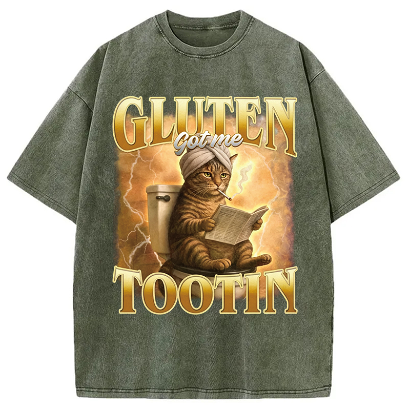 Modecanvas Gluten Got Me Tootin Funny Cat Meme DTG Printing Washed T-Shirt