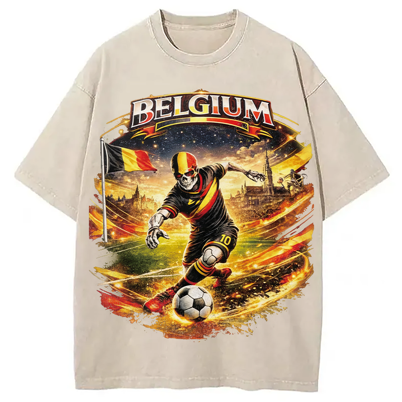 Modecanvas Belgium Soccer Skull DTG Printing Washed T-Shirt