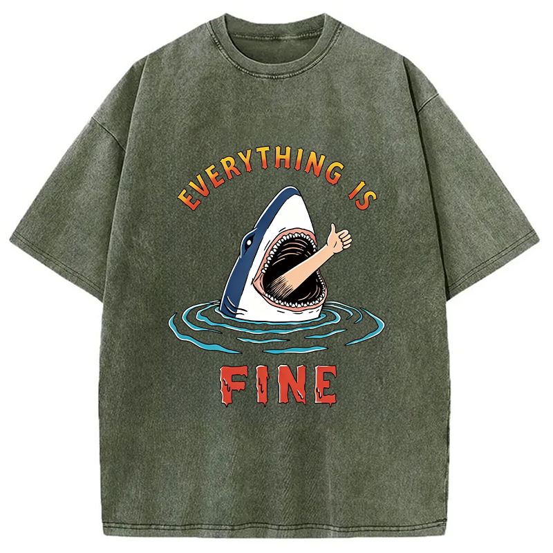 Modecanvas Everything Is Fine Shark DTG Printing Washed T-Shirt