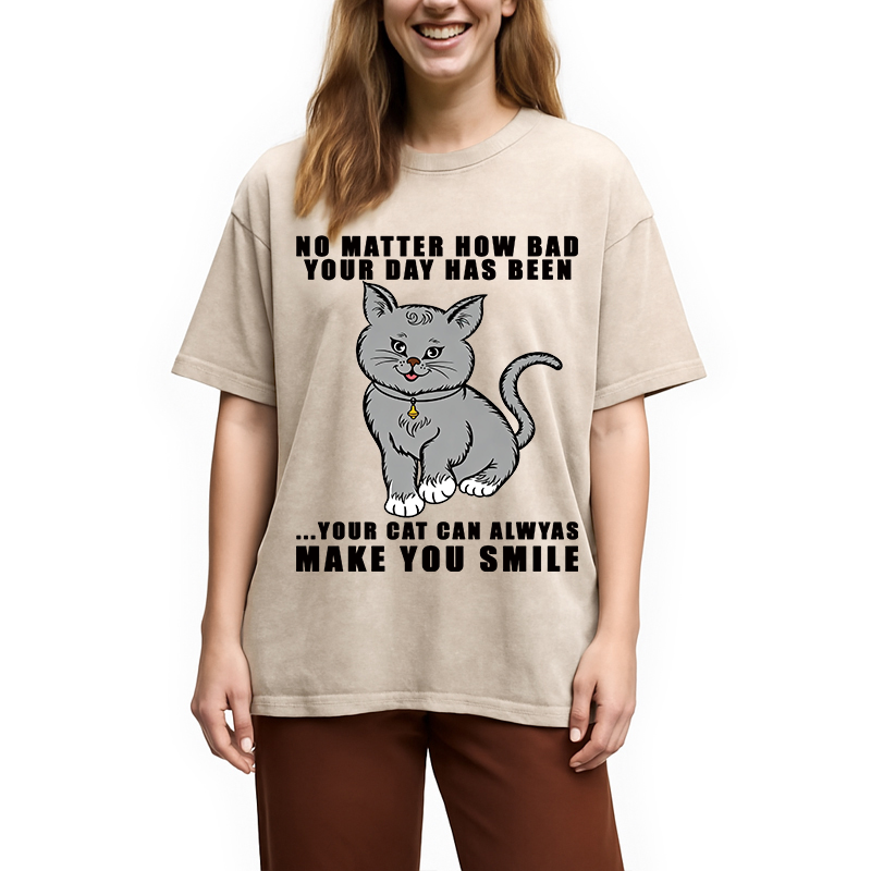 Modecanvas Funny Cat Make You Smile DTG Printing Washed T-Shirt
