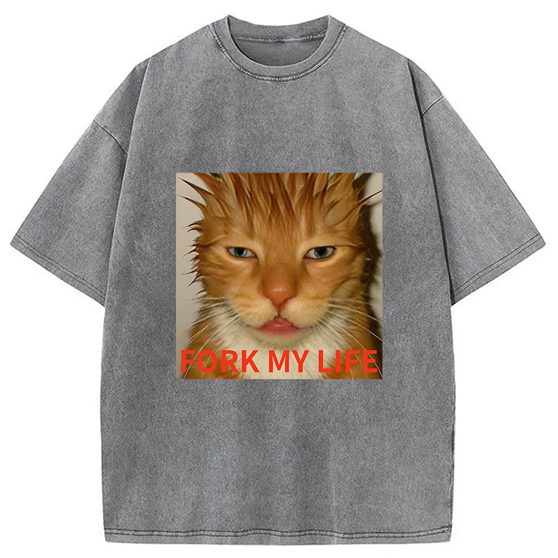 Modecanvas Orange Cat Fork My Life Washed T-Shirt