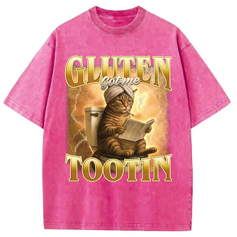 Modecanvas Gluten Got Me Tootin Funny Cat Meme DTG Printing Washed T-Shirt