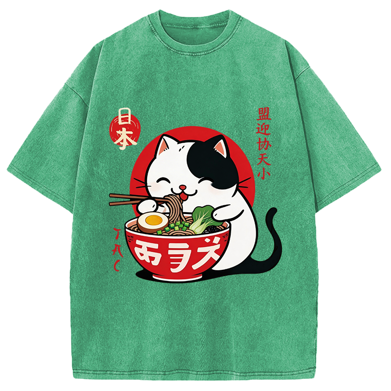 Modecanvas Japanese Ramen Cat DTG Printing Washed T-Shirt