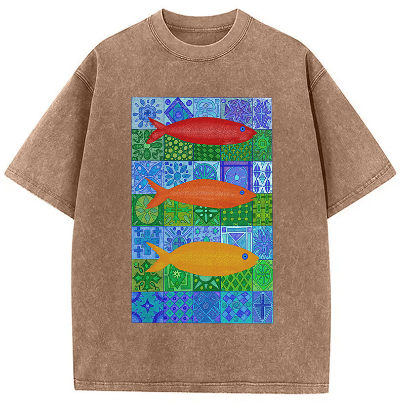 Modecanvas Three Fishes DTG Printing Washed T-Shirt
