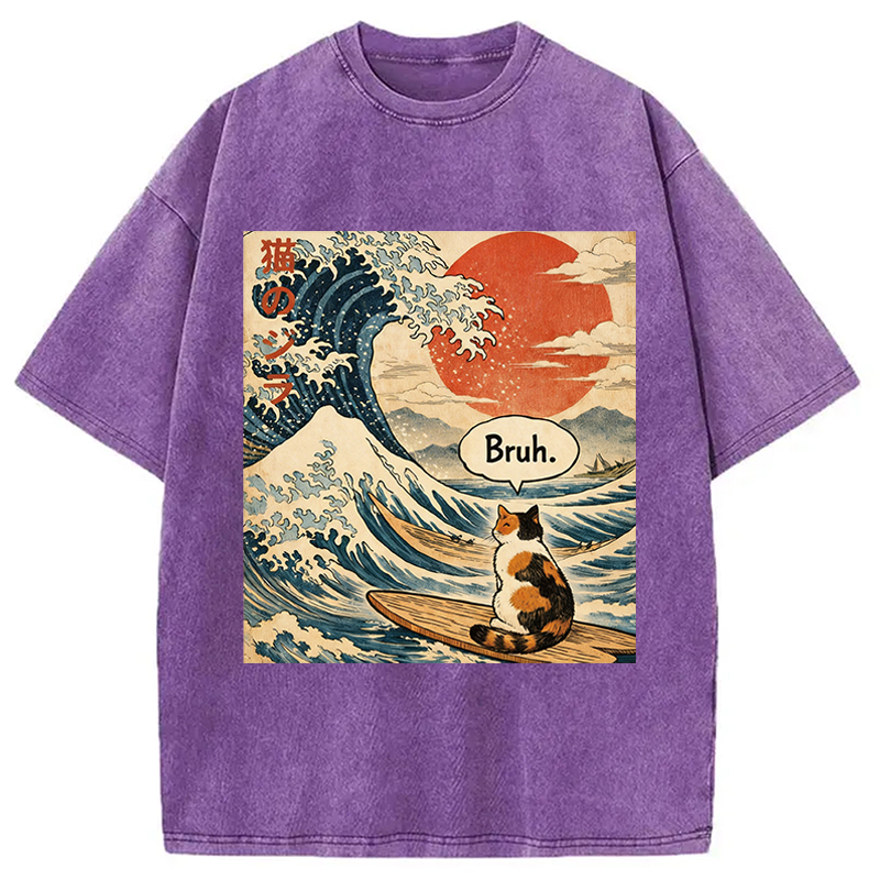 Modecanvas Bruh. The Great Wave Japanese Surfing Cat DTG Printing Washed T-Shirt